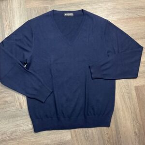 Kallspin V Neck Sweater Mens Large Navy Blue Cashmere Wool Blend Pullover Preppy